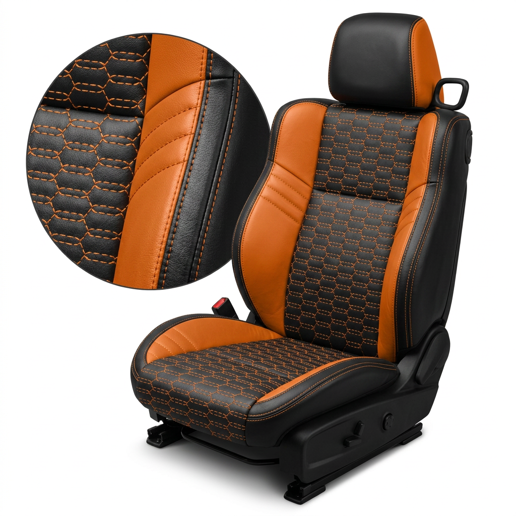 Close-up product image of a 2015–2023 Dodge Challenger Hellcat Leatherteck seat cover on a white background, featuring black upholstery with Mango Orange accent panels, a Citrus Orange double-hex stitch pattern on the body inserts, and Citrus Orange contrast stitching; a circular zoom inset highlights the hex stitching, leather-grain texture, orange accent panel, and stitched seam detail.