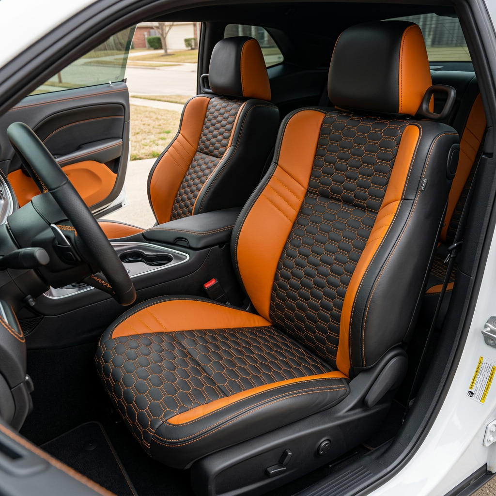 Front in-cabin view of a 2015–2023 Dodge Challenger Hellcat with Leatherteck seat covers installed in black with Mango Orange accent panels, featuring a Citrus Orange double-hex stitch pattern on the body inserts and Citrus Orange contrast stitching, shown from the open driver-side door with the front bucket seats, headrests, steering wheel, center console, cupholders, door panel, rear seat, and black interior trim visible.