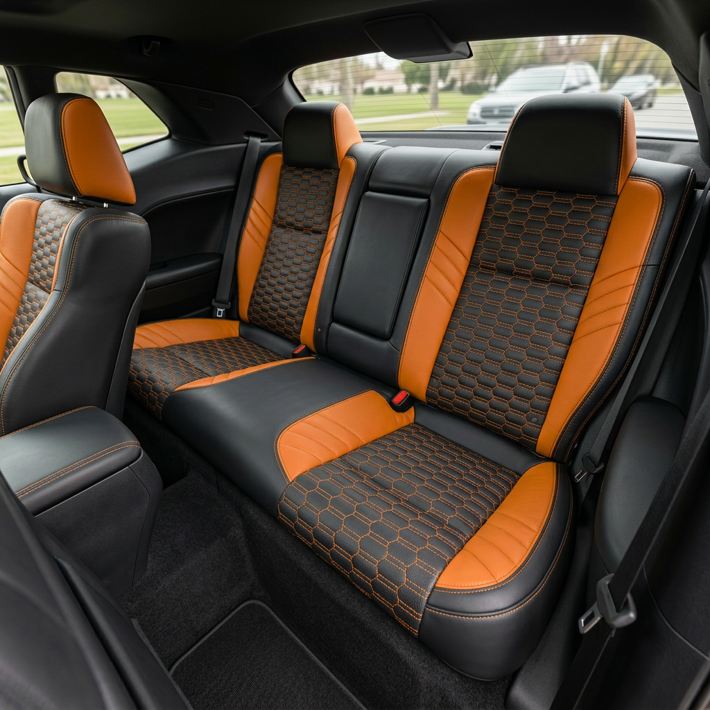 Rear in-cabin view of a 2015–2023 Dodge Challenger Hellcat with Leatherteck seat covers installed in black with Mango Orange accent panels, featuring a Citrus Orange double-hex stitch pattern on the body inserts and Citrus Orange contrast stitching, with the rear bench seat, rear headrests, seatbelts, front seatback, rear window, side panels, and black interior trim visible.