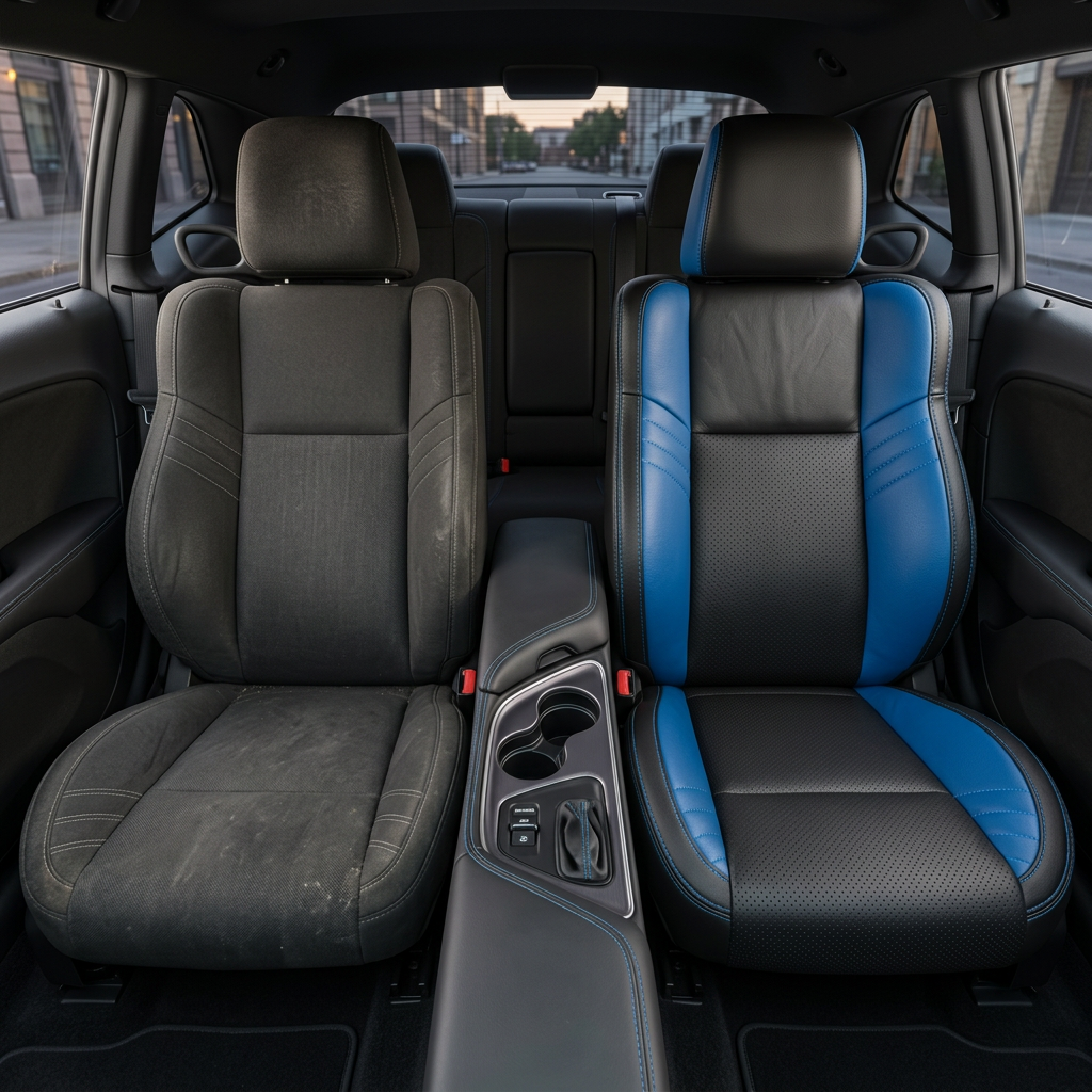 Before-and-after front in-cabin view of a 2015–2023 Dodge Challenger Hellcat: left shows the original dark cloth front seat, while right shows the upgraded Leatherteck seat cover in black with perforated combination inserts, Bermuda Blue exotic vinyl accent panels, and Bermuda Blue contrast stitching throughout, with the center console, cupholders, rear seat, and side windows visible.