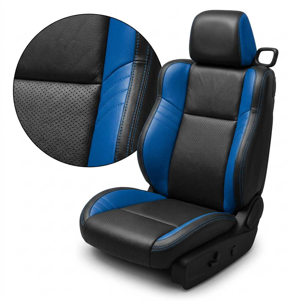 Close-up product image of a 2015–2023 Dodge Challenger Hellcat Leatherteck seat cover on a white background, featuring black main seat panels, perforated combination inserts, Bermuda Blue exotic vinyl accent panels, and Bermuda Blue contrast stitching throughout; a circular zoom inset highlights the perforation pattern, leather-grain texture, blue accent panel, and blue-stitched seam detail.