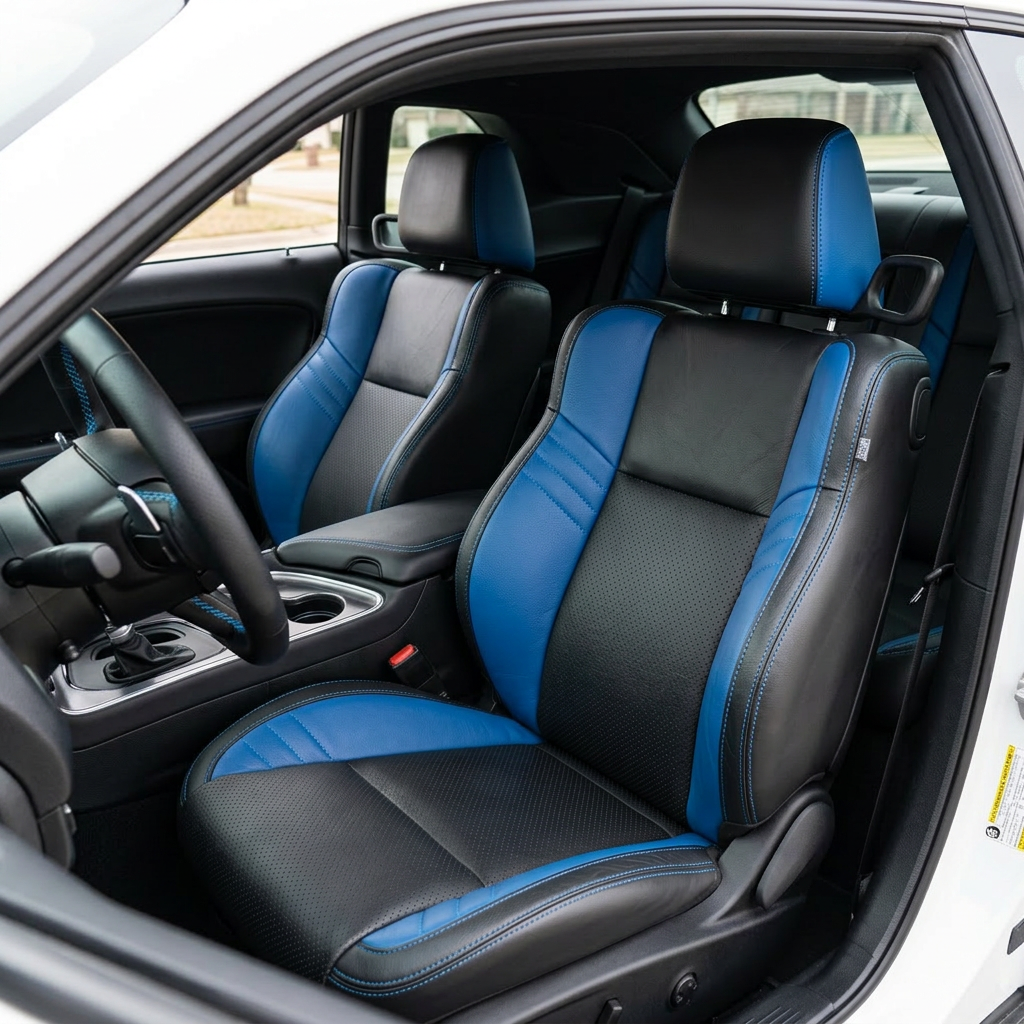 Front in-cabin view of a 2015–2023 Dodge Challenger Hellcat with Leatherteck seat covers installed in black, featuring perforated combination inserts, Bermuda Blue exotic vinyl accent panels, and Bermuda Blue contrast stitching throughout, shown from the open driver-side door with the front bucket seats, headrests, steering wheel, center console, cupholders, and rear seat area visible.