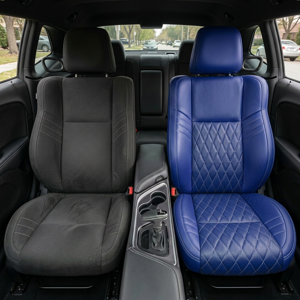 Before-and-after front in-cabin view of a 2015–2023 Dodge Challenger Hellcat: left shows the original black cloth front seat, while right shows the upgraded Leatherteck seat cover in Cobalt Blue with Sapphire Blue body inserts, a Silver single-diamond stitch pattern on the combination insert, and Silver contrast stitching, with the center console, shifter, cupholders, rear seat, door panels, and side windows visible.