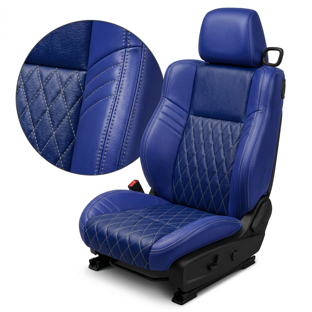 Close-up product image of a 2015–2023 Dodge Challenger Hellcat Leatherteck seat cover on a white background, featuring Cobalt Blue upholstery with Sapphire Blue body inserts, a Silver single-diamond stitch pattern on the combination inserts, and Silver contrast stitching; a circular zoom inset highlights the diamond stitching, leather-grain texture, panel transitions, and stitched seam detail.