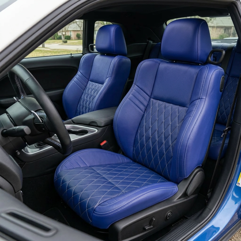 Front in-cabin view of a 2015–2023 Dodge Challenger Hellcat with Leatherteck seat covers installed in Cobalt Blue with Sapphire Blue body inserts, featuring a Silver single-diamond stitch pattern on the combination inserts and Silver contrast stitching, shown from the open driver-side door with the front bucket seats, headrests, steering wheel, center console, cupholders, door panel, rear seat, and black interior trim visible.
