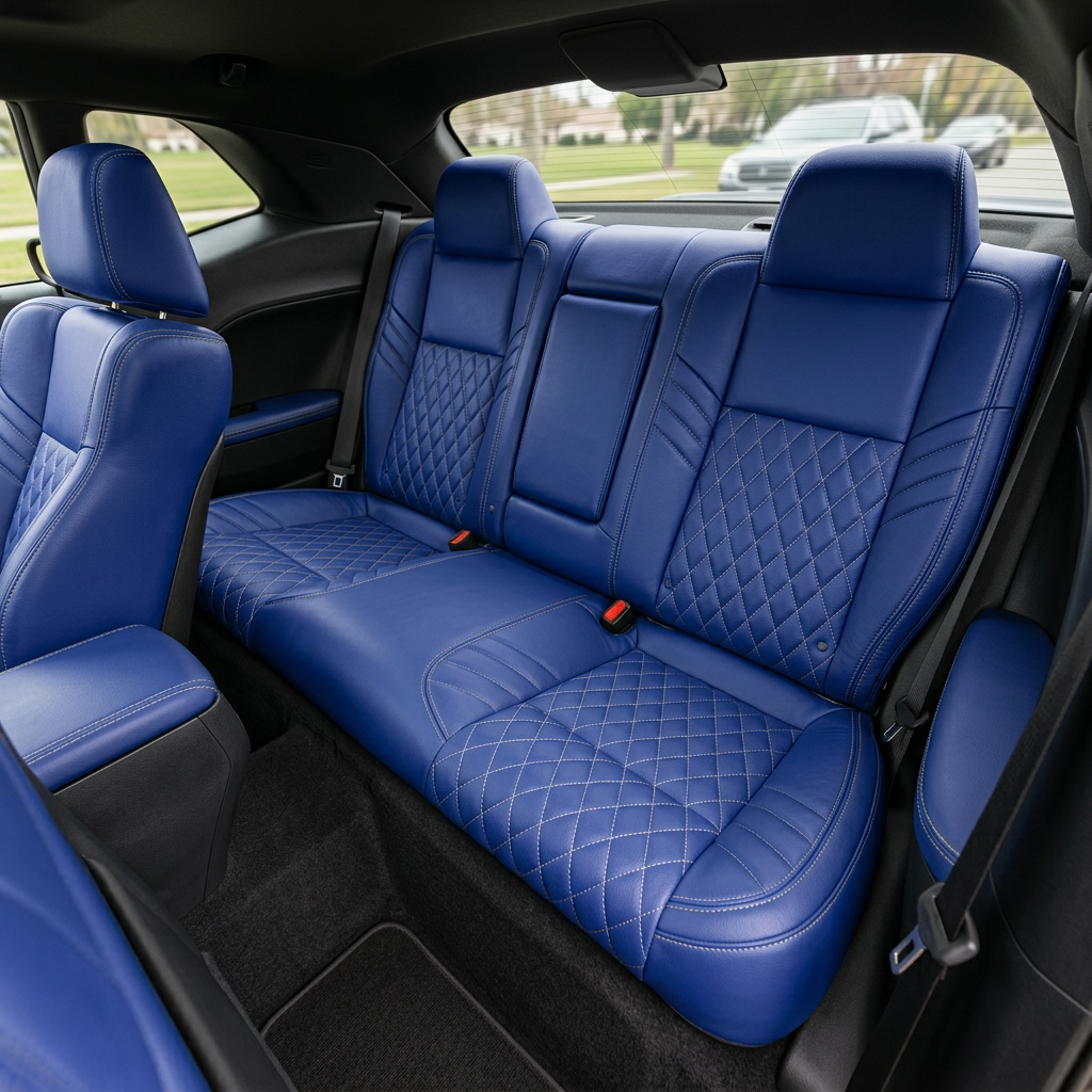 Rear in-cabin view of a 2015–2023 Dodge Challenger Hellcat with Leatherteck seat covers installed in Cobalt Blue with Sapphire Blue body inserts, featuring a Silver single-diamond stitch pattern on the combination inserts and Silver contrast stitching, with the rear bench seat, rear headrests, seatbelts, front seatback, rear window, side panels, and black interior trim visible.