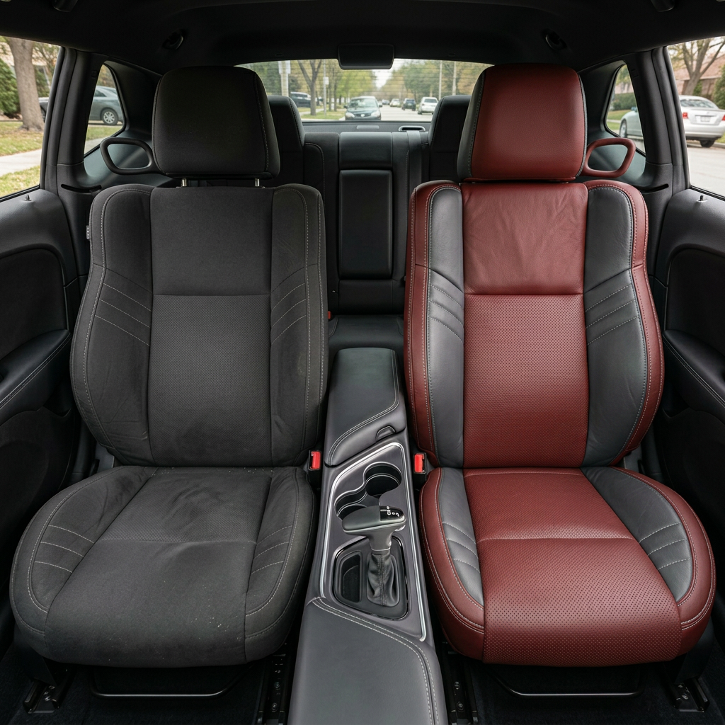 Before-and-after front in-cabin view of a 2015–2023 Dodge Challenger Hellcat: left shows the original dark cloth front seat, while right shows the upgraded Leatherteck seat cover in Medium Red with perforated combination inserts, Dark Slate Grey accent panels, and Silver contrast stitching, with the center console, shifter, cupholders, rear seat, side windows, and black interior trim visible.