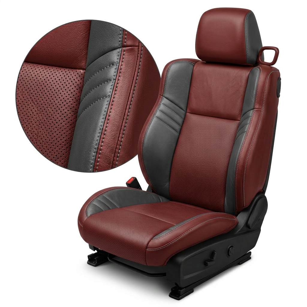 Close-up product image of a 2015–2023 Dodge Challenger Hellcat Leatherteck seat cover on a white background, featuring Medium Red upholstery with perforated combination inserts, Dark Slate Grey accent panels, and Silver contrast stitching; a circular zoom inset highlights the perforation pattern, leather-grain texture, grey accent panel, and stitched seam detail.