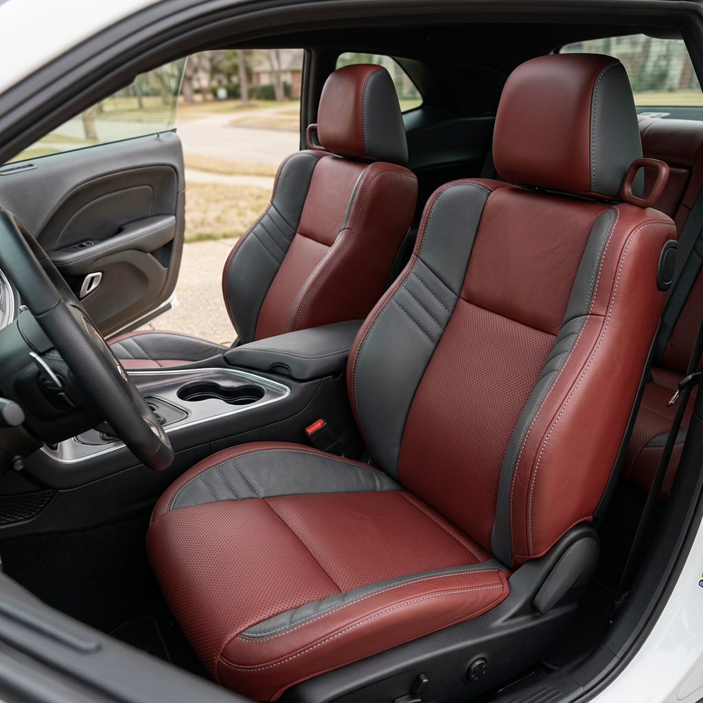 Front in-cabin view of a 2015–2023 Dodge Challenger Hellcat with Leatherteck seat covers installed in Medium Red, featuring perforated combination inserts, Dark Slate Grey accent panels, and Silver contrast stitching, shown from the open driver-side door with the front bucket seats, headrests, center console, cupholders, steering wheel, door panel, and rear seat area visible.