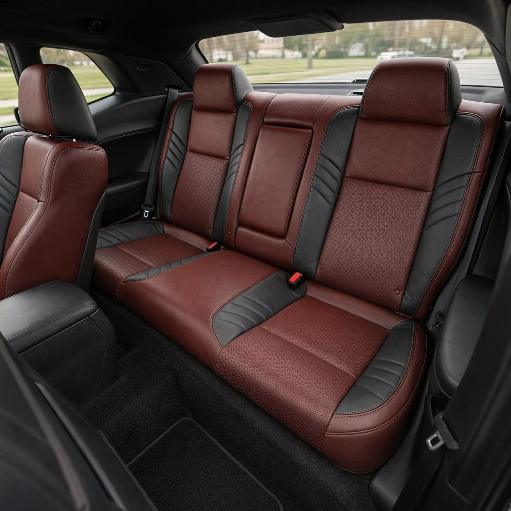 Rear in-cabin view of a 2015–2023 Dodge Challenger Hellcat with Leatherteck seat covers installed in Medium Red, featuring perforated combination inserts, Dark Slate Grey accent panels, and Silver contrast stitching, with the rear bench seat, headrests, seatbelts, front seatback, side panels, rear window, and black interior trim visible.