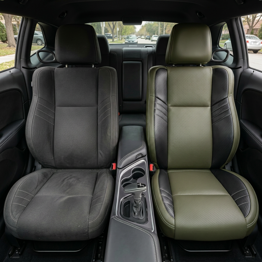 Before-and-after front in-cabin view of a 2015–2023 Dodge Challenger Hellcat: left shows the original black cloth front seat, while right shows the upgraded Leatherteck seat cover in Olive Green with perforated body inserts, Carbon Shadow Vinyl accent panels, and Silver contrast stitching, with the center console, shifter, cupholders, rear seat, side windows, and black interior trim visible.