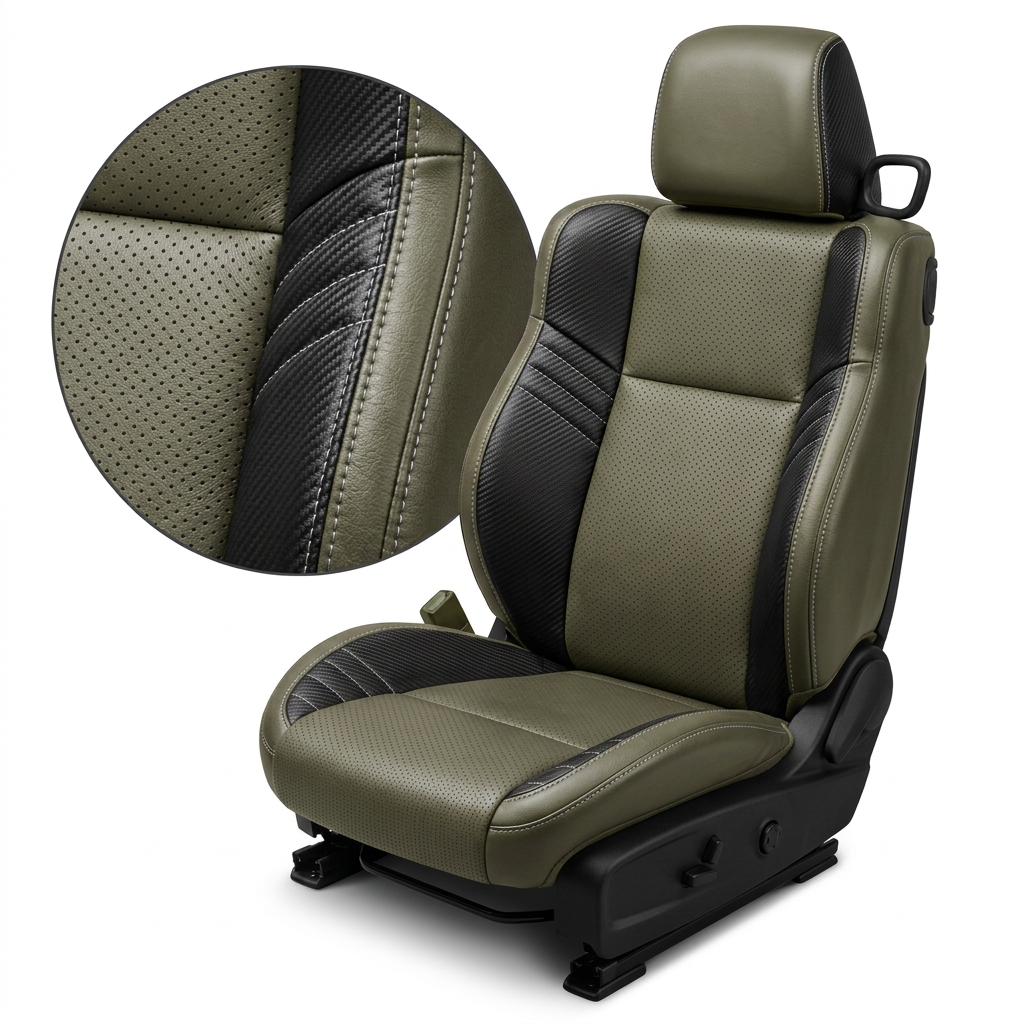 Close-up product image of a 2015–2023 Dodge Challenger Hellcat Leatherteck seat cover on a white background, featuring Olive Green upholstery with perforated body inserts, Carbon Shadow Vinyl accent panels, and Silver contrast stitching; a circular zoom inset highlights the perforation pattern, carbon-texture accent panel, leather-grain texture, and silver-stitched seam detail.