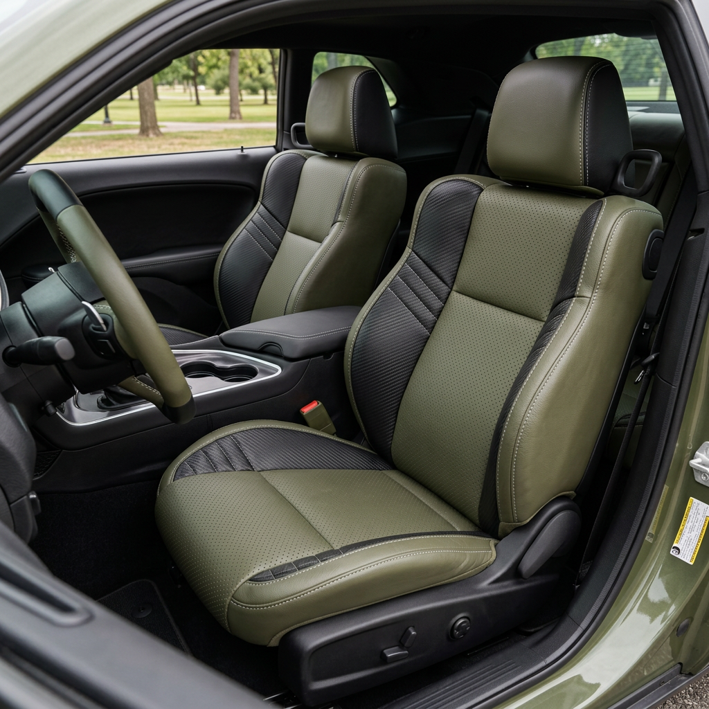Front in-cabin view of a 2015–2023 Dodge Challenger Hellcat with Leatherteck seat covers installed in Olive Green, featuring perforated body inserts, Carbon Shadow Vinyl accent panels, and Silver contrast stitching, shown from the open driver-side door with the front bucket seats, headrests, steering wheel, center console, cupholders, door panel, rear seat area, and black interior trim visible.