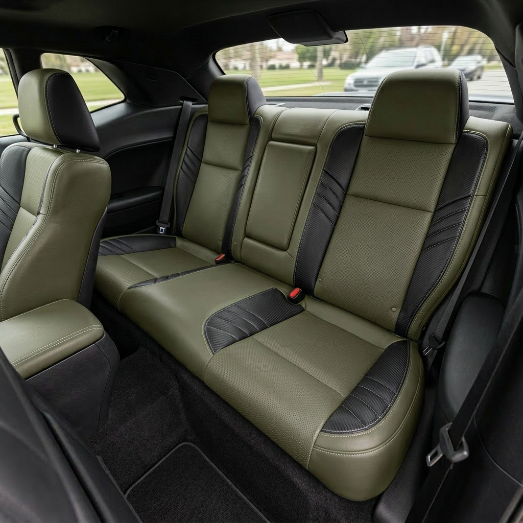 Rear in-cabin view of a 2015–2023 Dodge Challenger Hellcat with Leatherteck seat covers installed in Olive Green, featuring perforated body inserts, Carbon Shadow Vinyl accent panels, and Silver contrast stitching, with the rear bench seat, rear headrests, seatbelts, front seatback, rear window, side panels, and black interior trim visible.