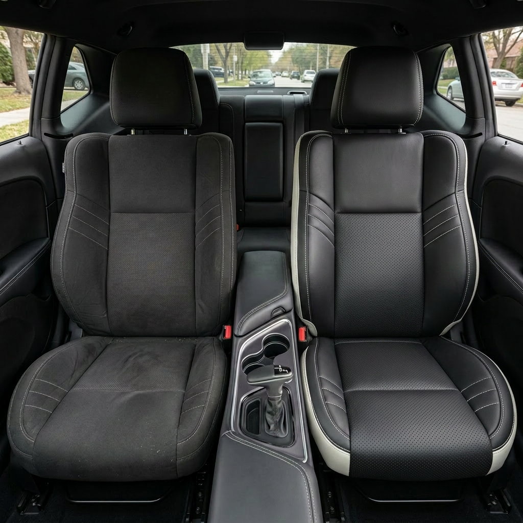 Before-and-after front in-cabin view of a 2015–2023 Dodge Challenger Hellcat: left shows the original dark cloth front seat, while right shows the upgraded Leatherteck seat cover in Pearl White with black front-facing seat panels, perforated combination inserts, black accent panels, and Pearl White contrast stitching, with the center console, shifter, cupholders, rear seat, and side windows visible.