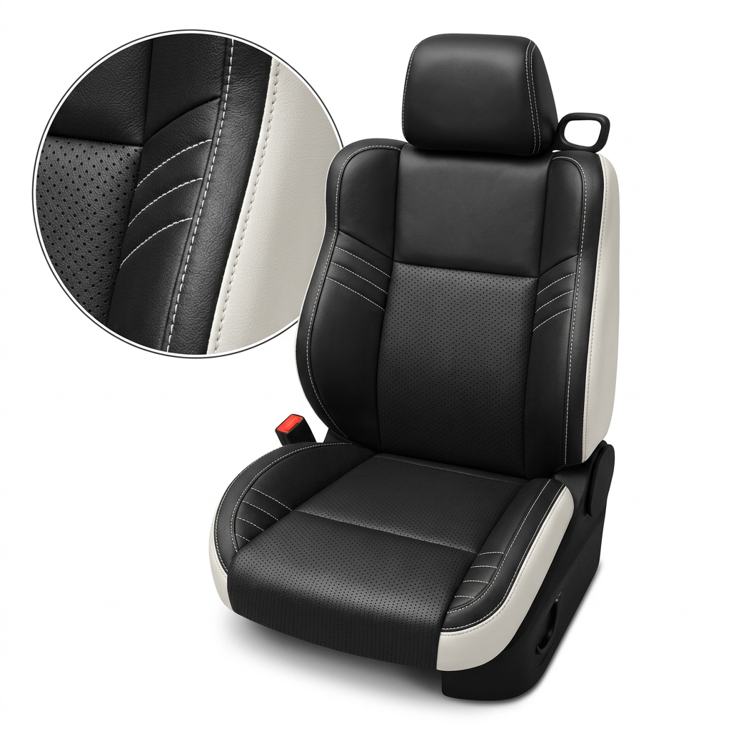 Close-up product image of a 2015–2023 Dodge Challenger Hellcat Leatherteck seat cover on a white background, featuring Pearl White outer panels, black front-facing seat panels, perforated combination inserts, black accent panels, and Pearl White contrast stitching; a circular zoom inset highlights the perforation pattern, leather-grain texture, panel transition, and stitched seam detail.