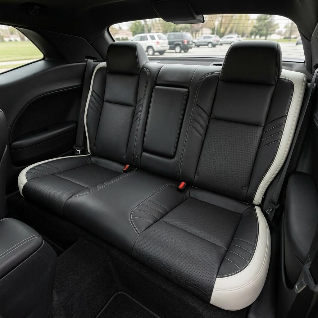 Rear in-cabin view of a 2015–2023 Dodge Challenger Hellcat with Leatherteck rear seat covers installed, featuring Pearl White outer panels, black front-facing seat panels, perforated combination inserts, black accent panels, and Pearl White contrast stitching, with the rear bench seat, headrests, seatbelts, side panels, rear window, and front seatback visible.