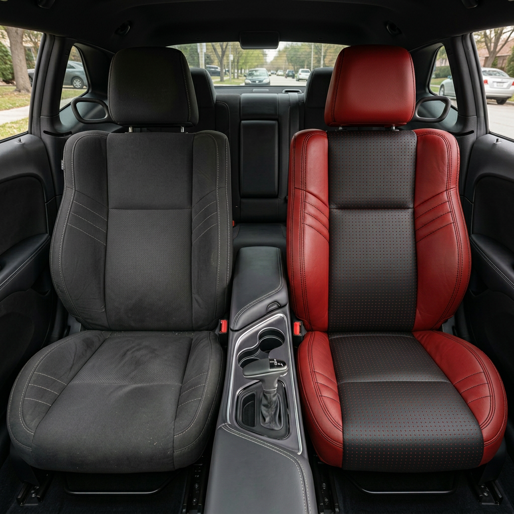 Before-and-after front in-cabin view of a 2015–2023 Dodge Challenger Hellcat: left shows the original dark cloth front seat, while right shows the upgraded Leatherteck seat cover with a Red main seat color, Red Square Perforated body inserts, and Black contrast stitching throughout, with the center console, shifter, cupholders, rear seat, door panels, and side windows visible.