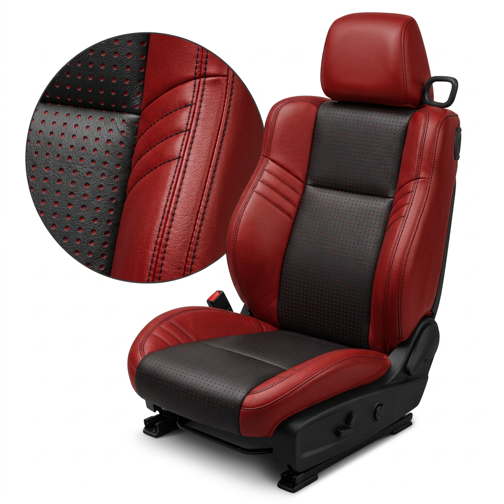 Close-up product image of a 2015–2023 Dodge Challenger Hellcat Leatherteck seat cover on a white background, featuring a red main seat color, red square-perforated body inserts, and black contrast stitching throughout; a circular zoom inset highlights the square perforation pattern, leather-grain texture, and black double-stitched seam detail.