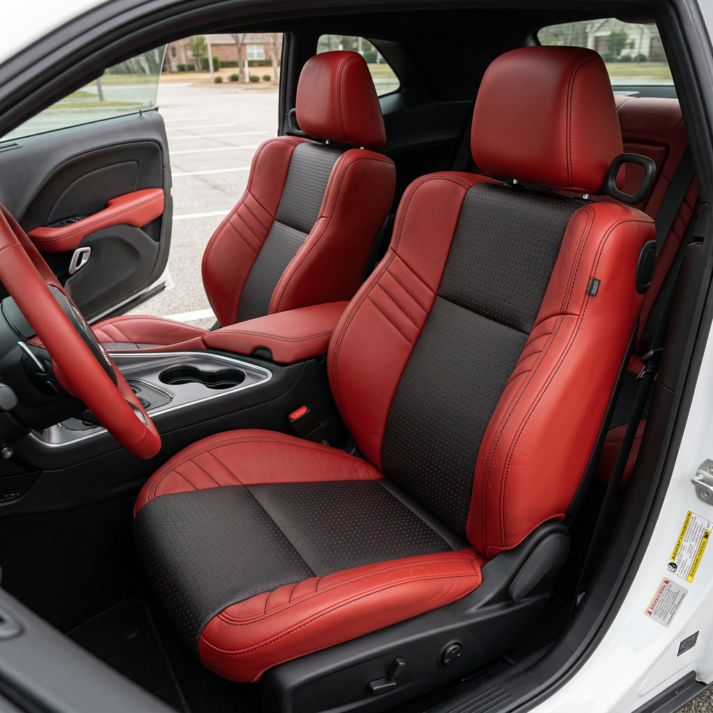 Front in-cabin view of a 2015–2023 Dodge Challenger Hellcat with Leatherteck seat covers installed, featuring a red main seat color, red square-perforated body inserts, and black contrast stitching throughout, shown from the open driver-side door with the front bucket seats, headrests, center console, cupholders, door panel, steering wheel, and rear seat area visible.
