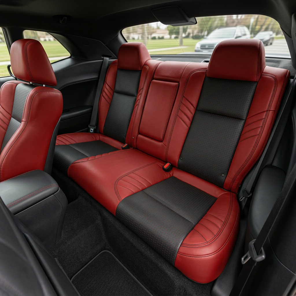 Rear in-cabin view of a 2015–2023 Dodge Challenger Hellcat with Leatherteck seat covers installed, featuring a red main seat color, red square-perforated body inserts, and black contrast stitching throughout, with the rear bench seat, rear headrests, seatbelts, front seatback, side panels, rear window, and black interior trim visible.