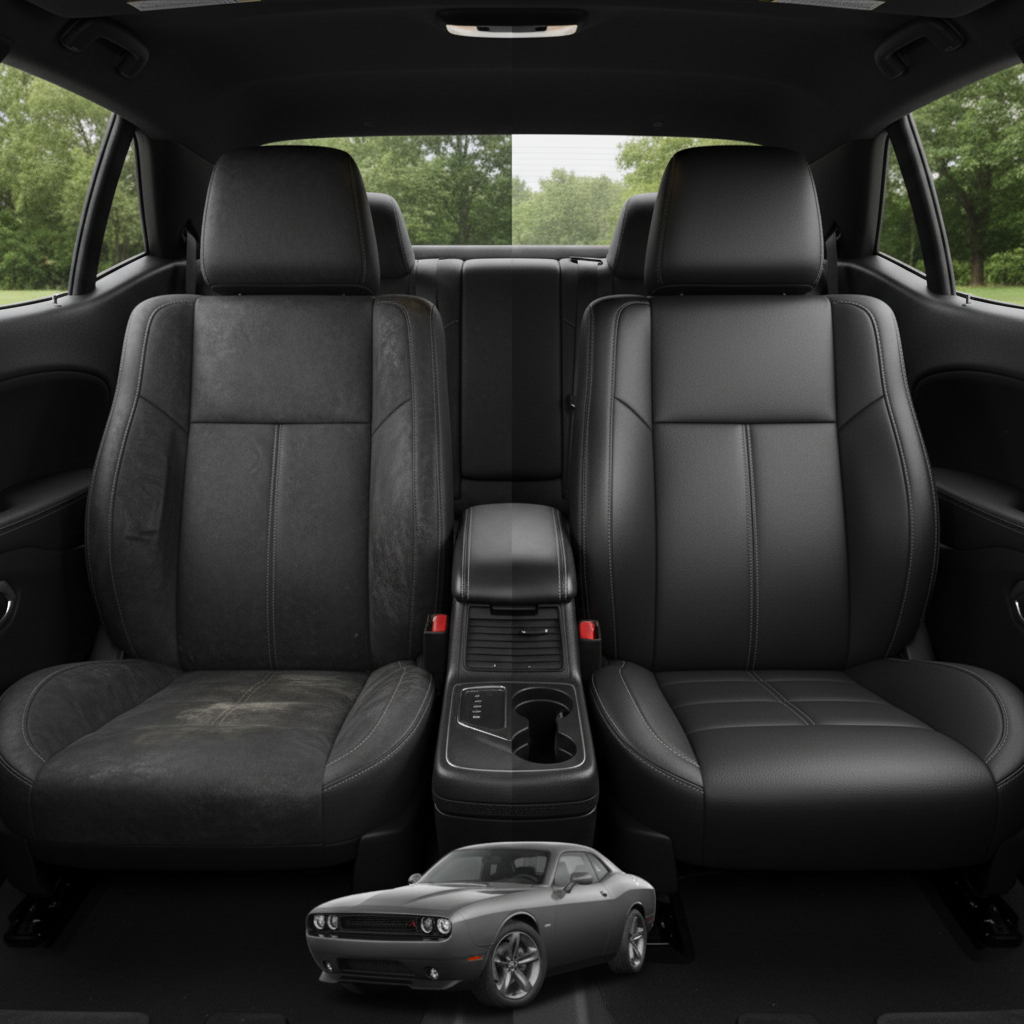 Before-and-after comparison of Dodge Challenger front seats, showing cloth seat upgraded to perforated leather upholstery.
