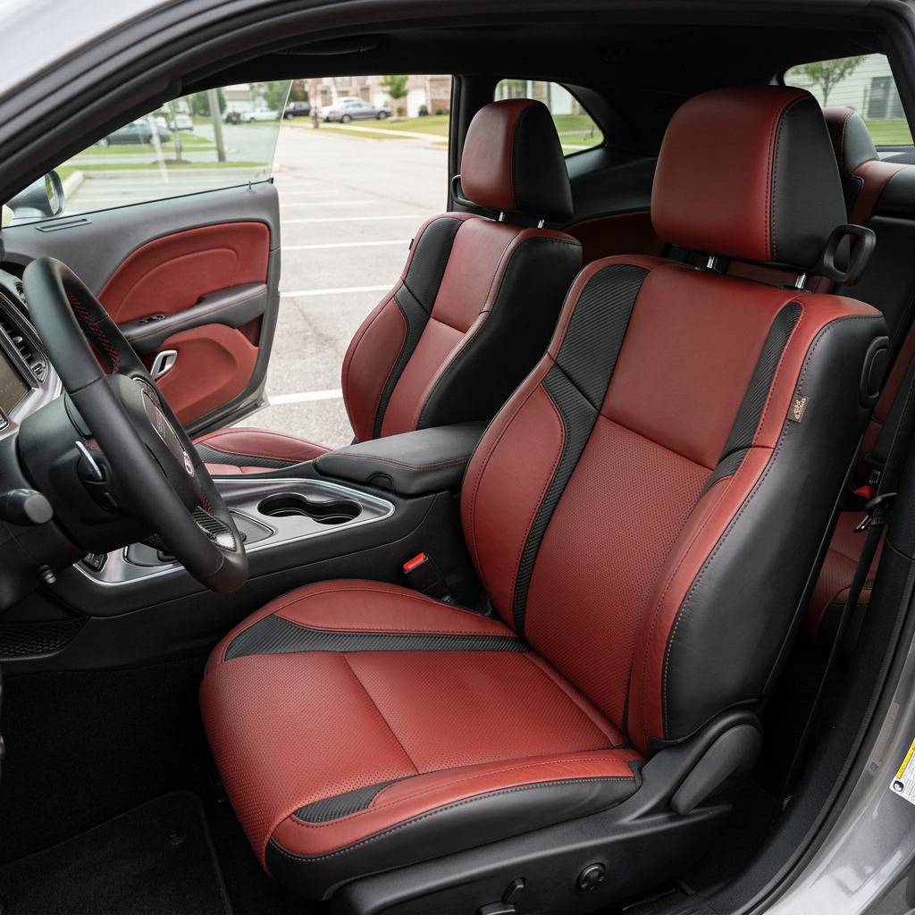 Front in-cabin view of a 2015–2023 Dodge Challenger (RT/GT/Scat Pack/392/SRT/SXT) with Leatherteck seat covers installed, featuring black outer bolsters, a Medium Red face with perforated combination inserts, Carbon Shadow accent panels on the seat sides/shoulders, and black stitching, shown from the open driver-side door with both front bucket seats, the center console with cupholders, and the red-accent door panel visible.