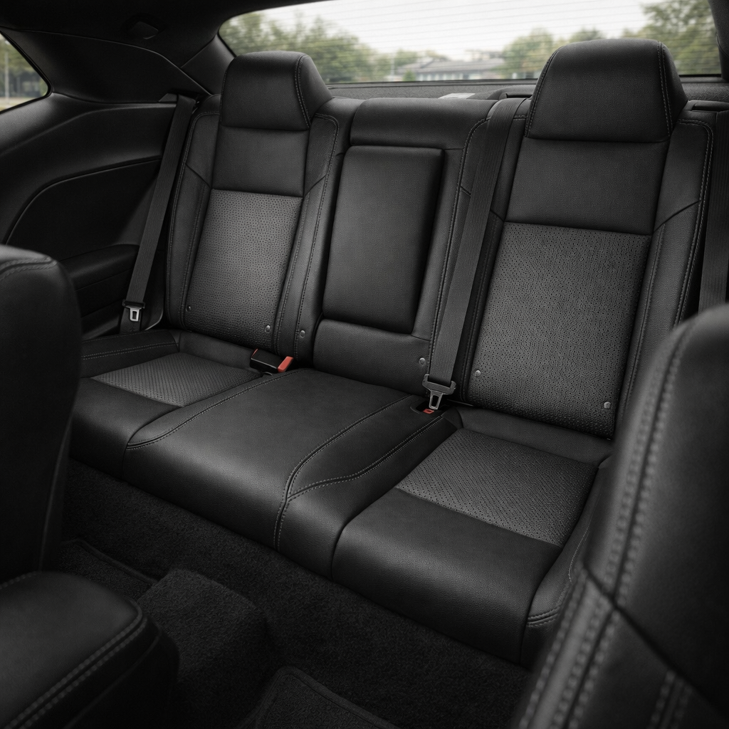 Rear in-cabin view of a 2015–2023 Dodge Challenger (RT/GT/Scat Pack/392/SRT/SXT) showing Leatherteck rear seat cover upholstery in black with perforated center inserts and grey contrast stitching throughout, featuring the rear bench seat, two headrests, seatbelts/buckles, and the rear side panels and back window visible.