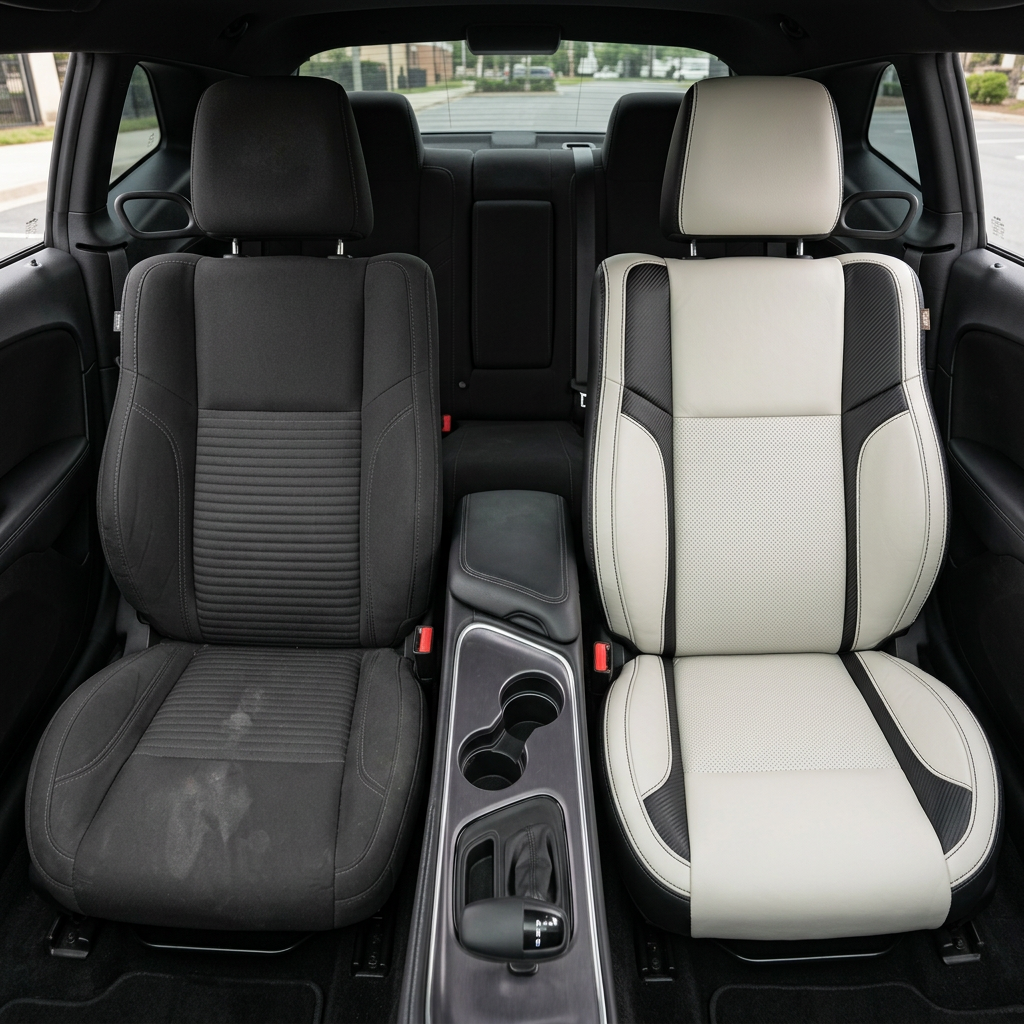 Before-and-after front in-cabin view of a 2015–2023 Dodge Challenger (RT/GT/Scat Pack/392/SRT/SXT) split down the middle: left shows the original black cloth driver seat, while right shows the upgraded Leatherteck seat cover in black with an Alabaster White front-facing seat, perforated inserts, Carbon Shadow accent panels, and black stitching, with the center console and cupholders between the seats and the rear seat visible in the background.