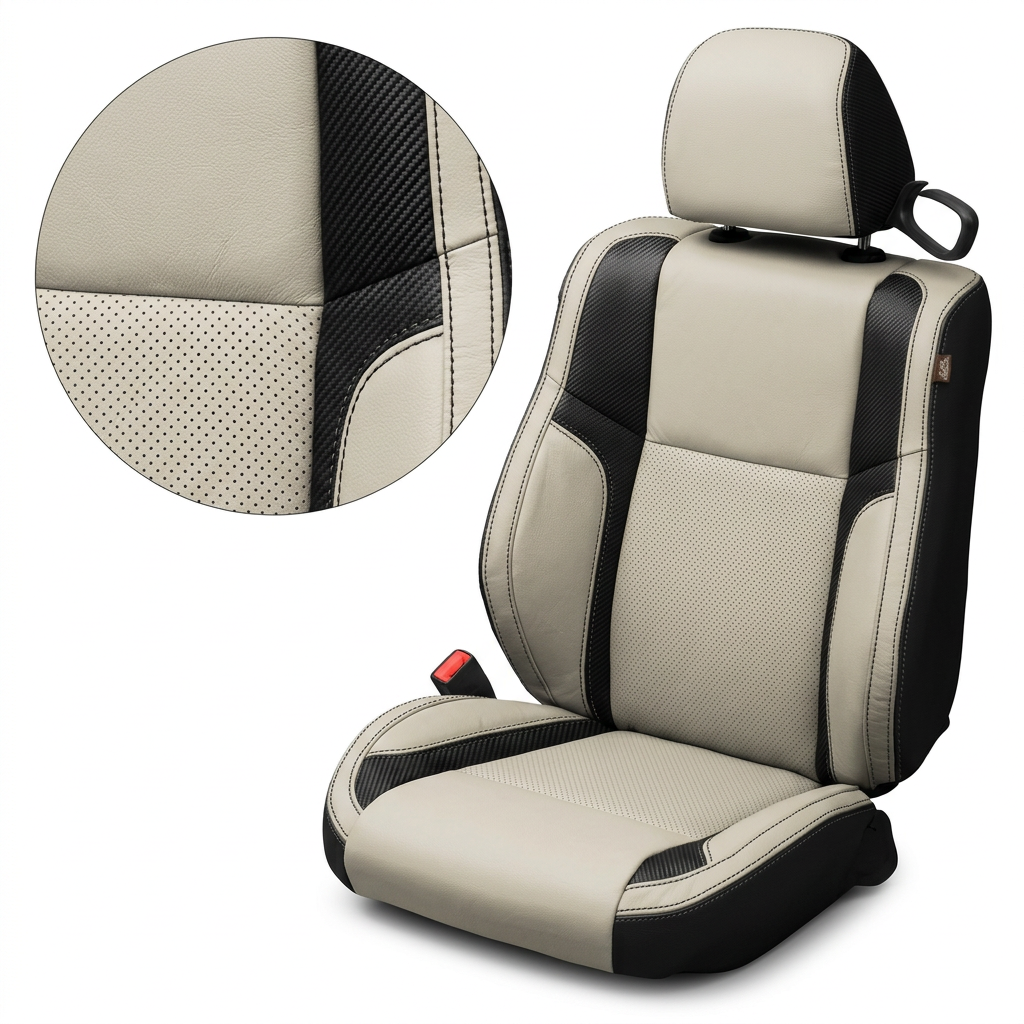 Close-up product image of a 2015–2023 Dodge Challenger (RT/GT/Scat Pack/392/SRT/SXT) Leatherteck seat cover on a white background, featuring black outer bolsters with an Alabaster White front-facing seat, perforated center inserts, Carbon Shadow accent panels, and black stitching; a circular zoom inset highlights the perforation pattern, carbon-texture accent, and stitched seam detail.