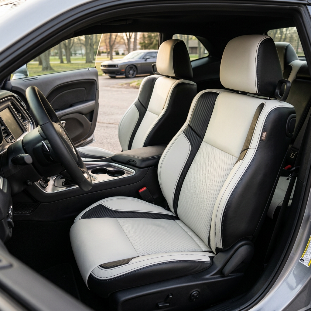 Front in-cabin view of a 2015–2023 Dodge Challenger (RT/GT/Scat Pack/392/SRT/SXT) with Leatherteck seat covers installed in black with an Alabaster White front-facing seat and perforated center inserts, Carbon Shadow accent panels, and black stitching, photographed from the open driver-side door with both front bucket seats and the center console/cupholders visible.