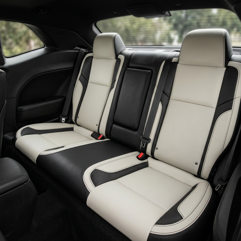 Rear in-cabin view of a 2015–2023 Dodge Challenger (RT/GT/Scat Pack/392/SRT/SXT) showing Leatherteck rear seat upholstery in black with an Alabaster White front-facing seat and perforated center inserts, Carbon Shadow accent panels on the outer sections, and black stitching, with the rear bench, center fold-down armrest, headrests, seatbelts/buckles, and rear window visible.
