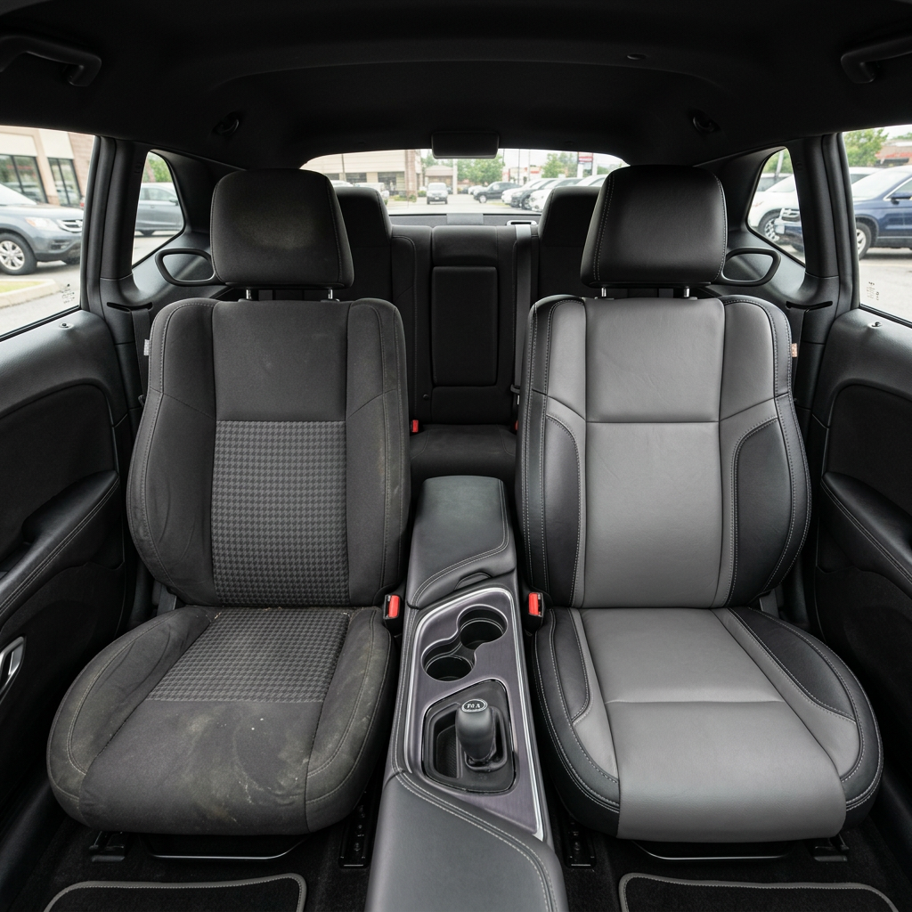 Before-and-after front in-cabin view of a 2015–2023 Dodge Challenger (RT/GT/Scat Pack/392/SRT/SXT) split down the middle: left shows the original black cloth factory front seat with a patterned center insert, while right shows the upgraded Leatherteck seat cover in black with ash gray body inserts, ash gray accent panels, and ash gray contrast stitching, with the center console/cupholders and shifter between the seats and the rear seat visible in the background.