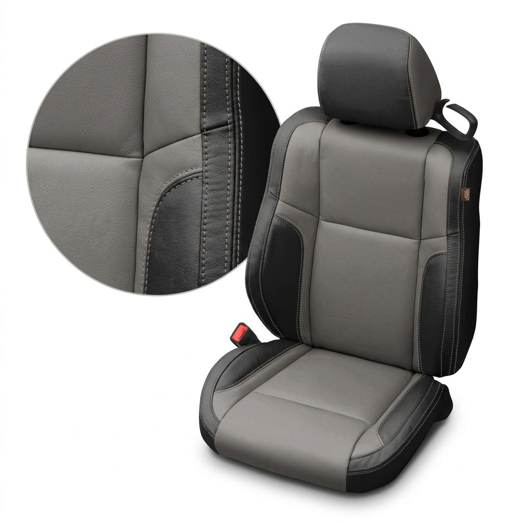 Close-up product image of a 2015–2023 Dodge Challenger (RT/GT/Scat Pack/392/SRT/SXT) Leatherteck leather seat cover on a white background, featuring black outer bolsters with ash gray body inserts, ash gray accent panels, and ash gray contrast stitching; a circular zoom inset highlights the leather grain, panel transition, and stitched seam detail.