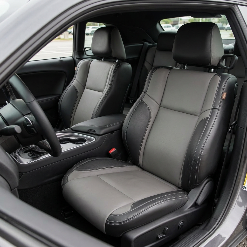 Front in-cabin view of a 2015–2023 Dodge Challenger (RT/GT/Scat Pack/392/SRT/SXT) with Leatherteck seat covers installed in black with ash gray body inserts, ash gray accent panels, and ash gray contrast stitching, photographed from the open driver-side door with both front bucket seats, the center console/cupholders, and part of the steering wheel visible.