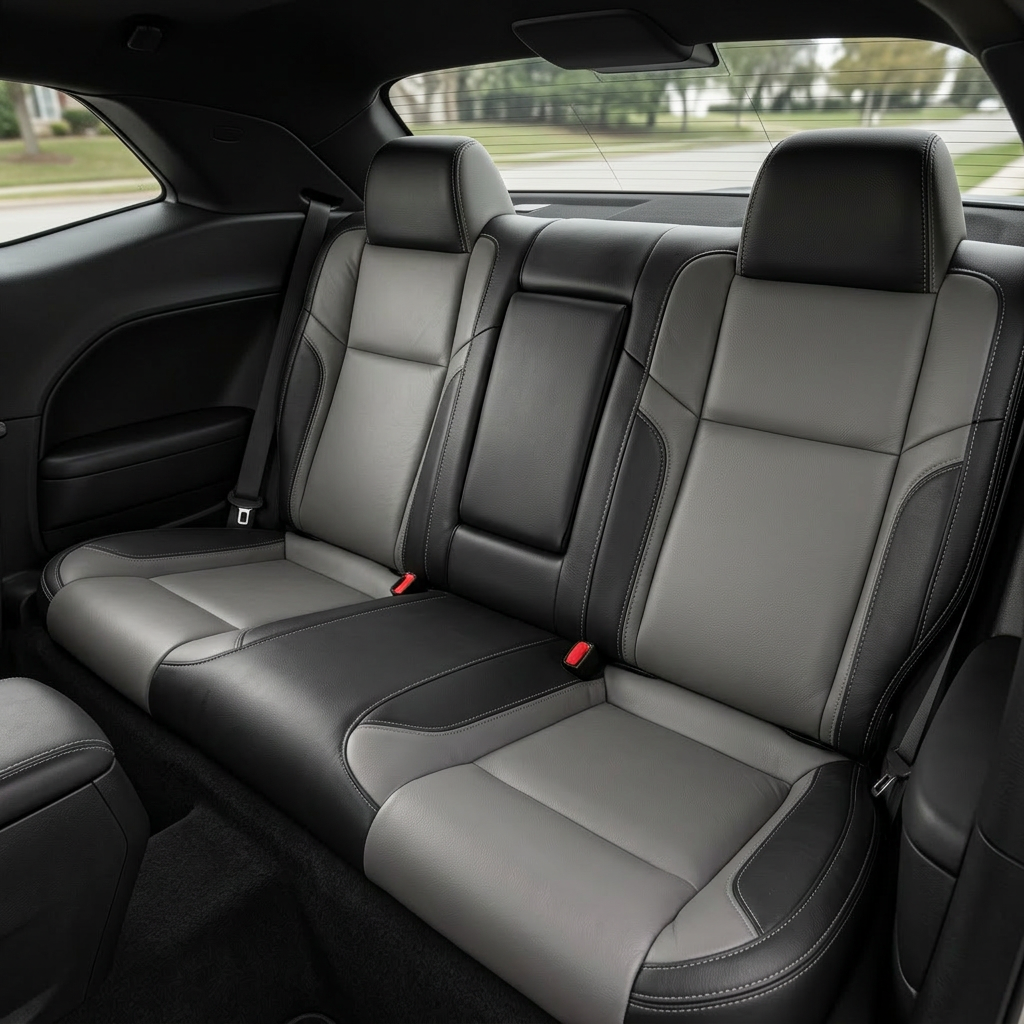 Rear in-cabin view of a 2015–2023 Dodge Challenger (RT/GT/Scat Pack/392/SRT/SXT) showing Leatherteck rear seat cover upholstery in black with ash gray body inserts, ash gray accent panels, and ash gray contrast stitching, featuring the rear bench seat, two headrests, center seat section, seatbelts/buckles, and the rear side panels and back window visible.