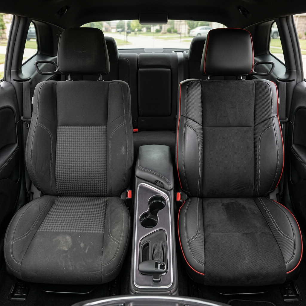 Before-and-after front in-cabin view of a 2015–2023 Dodge Challenger (RT/GT/Scat Pack/392/SRT/SXT) split down the middle: left shows the factory black cloth front seat, while right shows the upgraded Leatherteck seat cover in black with black automotive suede body inserts, Carbon Shadow accent panels, red piping, and grey contrast stitching, with the center console/cupholders between the seats and the rear seat visible in the background.
