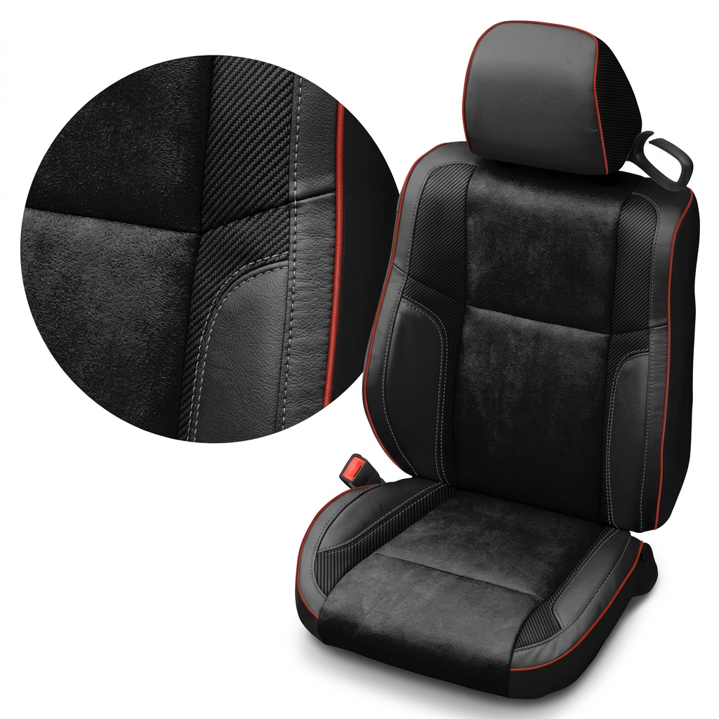 Close-up product image of a 2015–2023 Dodge Challenger (RT/GT/Scat Pack/392/SRT/SXT) Leatherteck seat cover on a white background, featuring black upholstery with black automotive suede body inserts, Carbon Shadow accent panels, red piping, and grey contrast stitching; a circular zoom inset highlights the suede texture, carbon-texture panel, and stitched seam/piping detail.