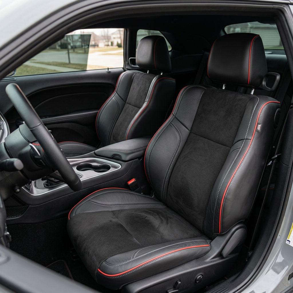Front in-cabin view of a 2015–2023 Dodge Challenger (RT/GT/Scat Pack/392/SRT/SXT) with Leatherteck seat covers installed in black, featuring black automotive suede body inserts, Carbon Shadow accent panels, red piping, and grey contrast stitching, photographed from the open driver-side door with both front bucket seats, center console/cupholders, and steering wheel visible.
