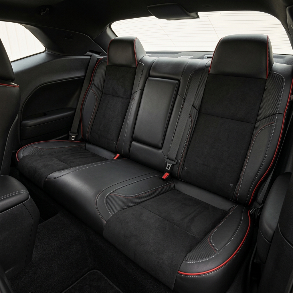 Rear in-cabin view of a 2015–2023 Dodge Challenger (RT/GT/Scat Pack/392/SRT/SXT) showing Leatherteck rear seat covers in black with black automotive suede body inserts, Carbon Shadow accent panels, red piping, and grey contrast stitching, with two rear headrests, seatbelts/buckles, and the rear window and side panels visible.