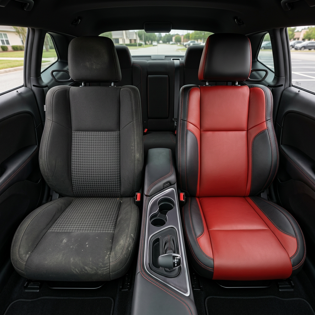 Before-and-after front in-cabin view of a 2015–2023 Dodge Challenger (RT/GT/Scat Pack/392/SRT/SXT) split down the middle: left shows the original black cloth factory front seat with a patterned center insert, while right shows the upgraded Leatherteck seat cover in black with Cardinal Red body inserts, Cardinal Red accent panels, and Cardinal Red contrast stitching, with the center console/cupholders and shifter between the seats and the rear seat visible in the background.
