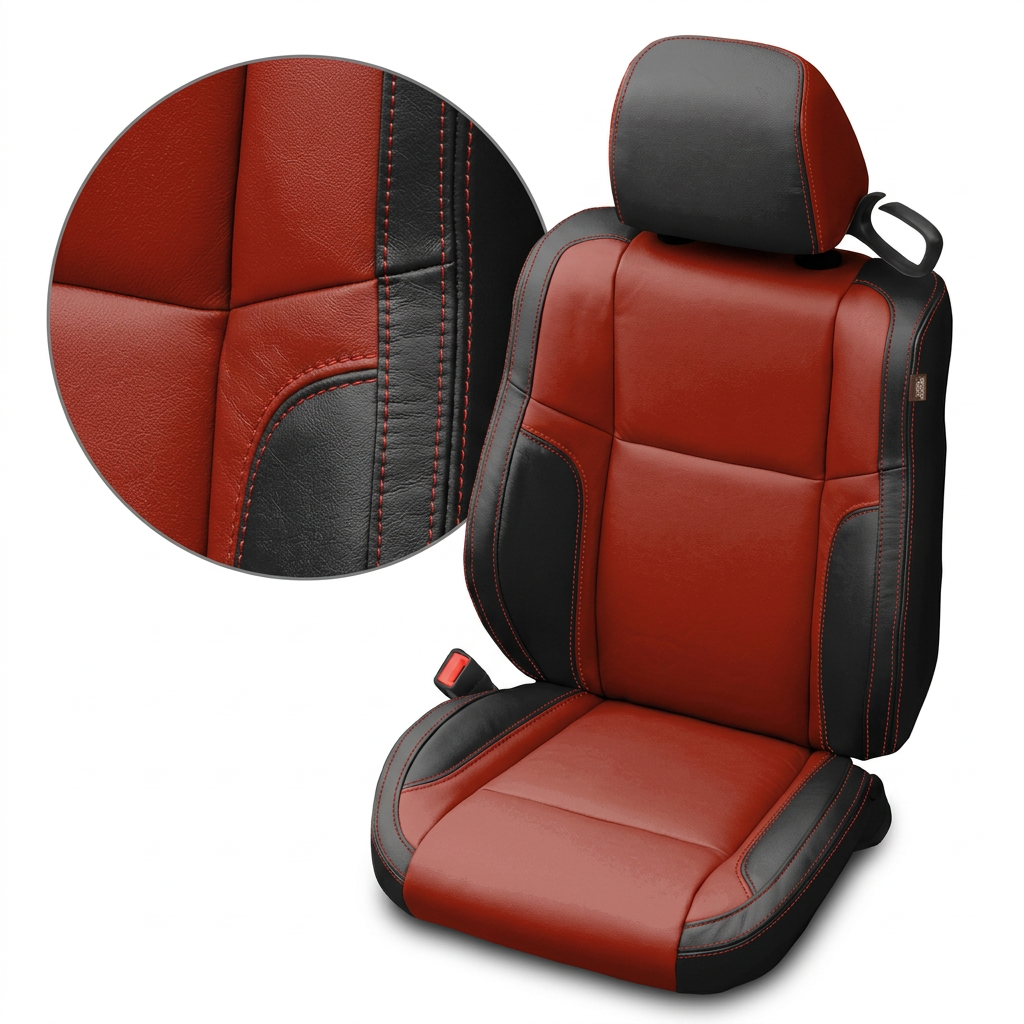 Close-up product image of a 2015–2023 Dodge Challenger (RT/GT/Scat Pack/392/SRT/SXT) Leatherteck leather seat cover on a white background, featuring black outer bolsters with Cardinal Red body inserts and Cardinal Red accent panels with Cardinal Red contrast stitching; a circular zoom inset highlights the leather grain, panel transition, and red double-stitched seam detail.