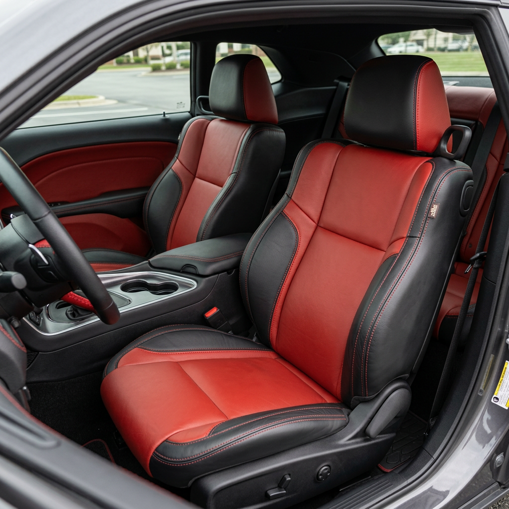 Front in-cabin view of a 2015–2023 Dodge Challenger (RT/GT/Scat Pack/392/SRT/SXT) with Leatherteck seat covers installed in black with Cardinal Red body inserts, Cardinal Red accent panels, and Cardinal Red contrast stitching, photographed from the open driver-side door with both front bucket seats, center console/cupholders, and matching red door panel inserts visible.