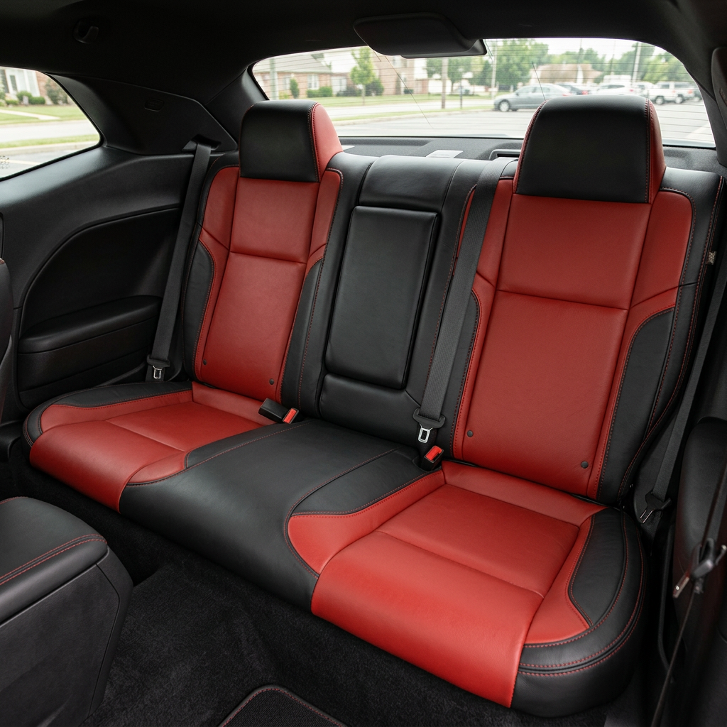 Rear in-cabin view of a 2015–2023 Dodge Challenger (RT/GT/Scat Pack/392/SRT/SXT) showing Leatherteck rear seat cover upholstery in black with Cardinal Red body inserts, Cardinal Red accent panels, and Cardinal Red contrast stitching, featuring the rear bench seat, two headrests, fold-down center section, and seatbelts/buckles, with the rear side panels and back window visible.