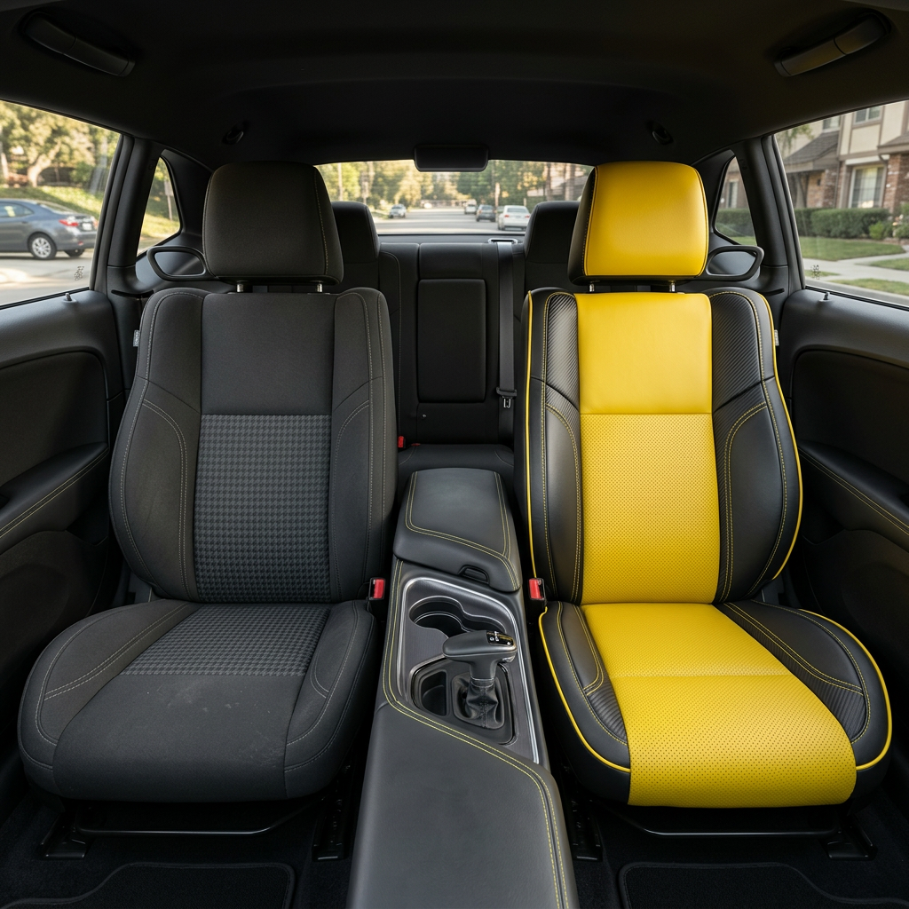 Before-and-after front in-cabin view of a 2015–2023 Dodge Challenger (RT/GT/Scat Pack/392/SRT/SXT) split down the middle: left shows the factory black cloth front seat, while right shows the upgraded Leatherteck seat cover in black with a Hyper Yellow perforated combination center, Carbon Shadow accent panels, and Hyper Yellow stitching and piping, with the center console/cupholders between the seats and the rear seat visible in the background.