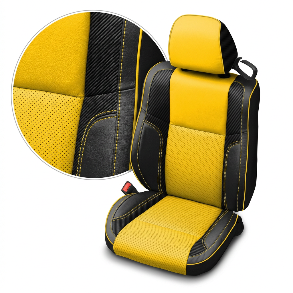 Close-up product image of a 2015–2023 Dodge Challenger (RT/GT/Scat Pack/392/SRT/SXT) Leatherteck seat cover on a white background, featuring black bolsters with a Hyper Yellow perforated combination center insert, Carbon Shadow accent panels, and Hyper Yellow contrast stitching and piping; a circular zoom inset highlights the perforation pattern, carbon-texture panel, and stitched seam/piping detail.