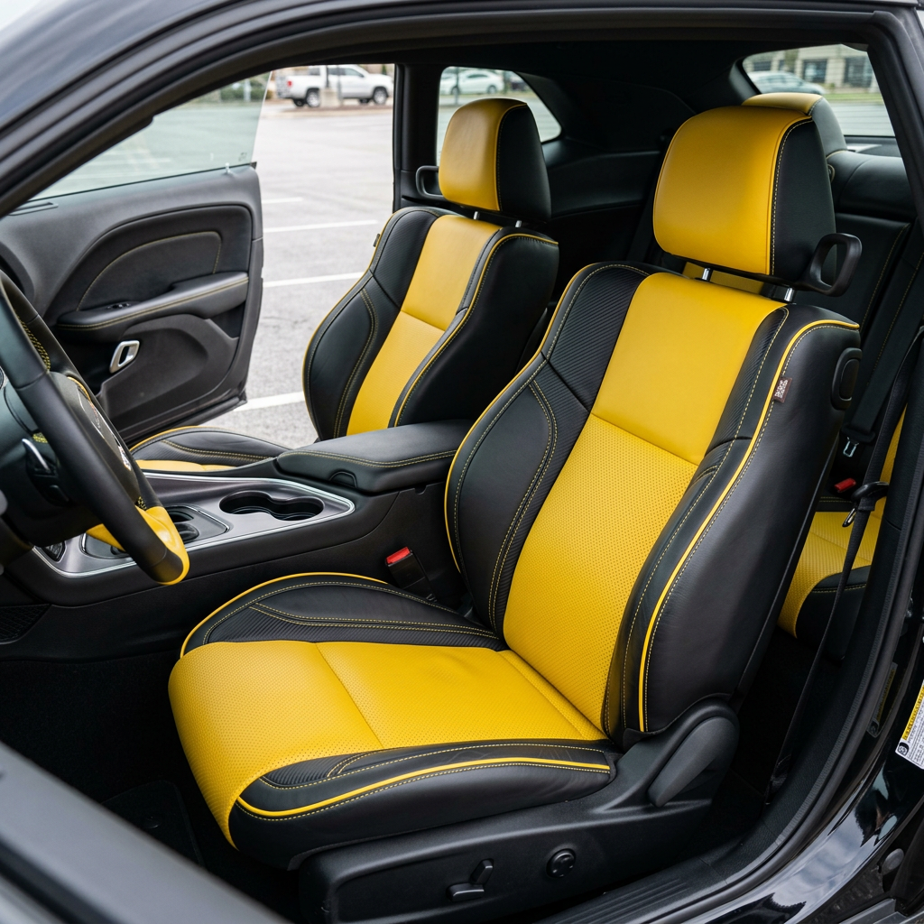 Front in-cabin view of a 2015–2023 Dodge Challenger (RT/GT/Scat Pack/392/SRT/SXT) with Leatherteck seat covers installed in black featuring a Hyper Yellow center with perforated combination inserts, Hyper Yellow stitching and piping, and Carbon Shadow accent panels, photographed from the open driver-side door with both front bucket seats and the center console/cupholders visible.