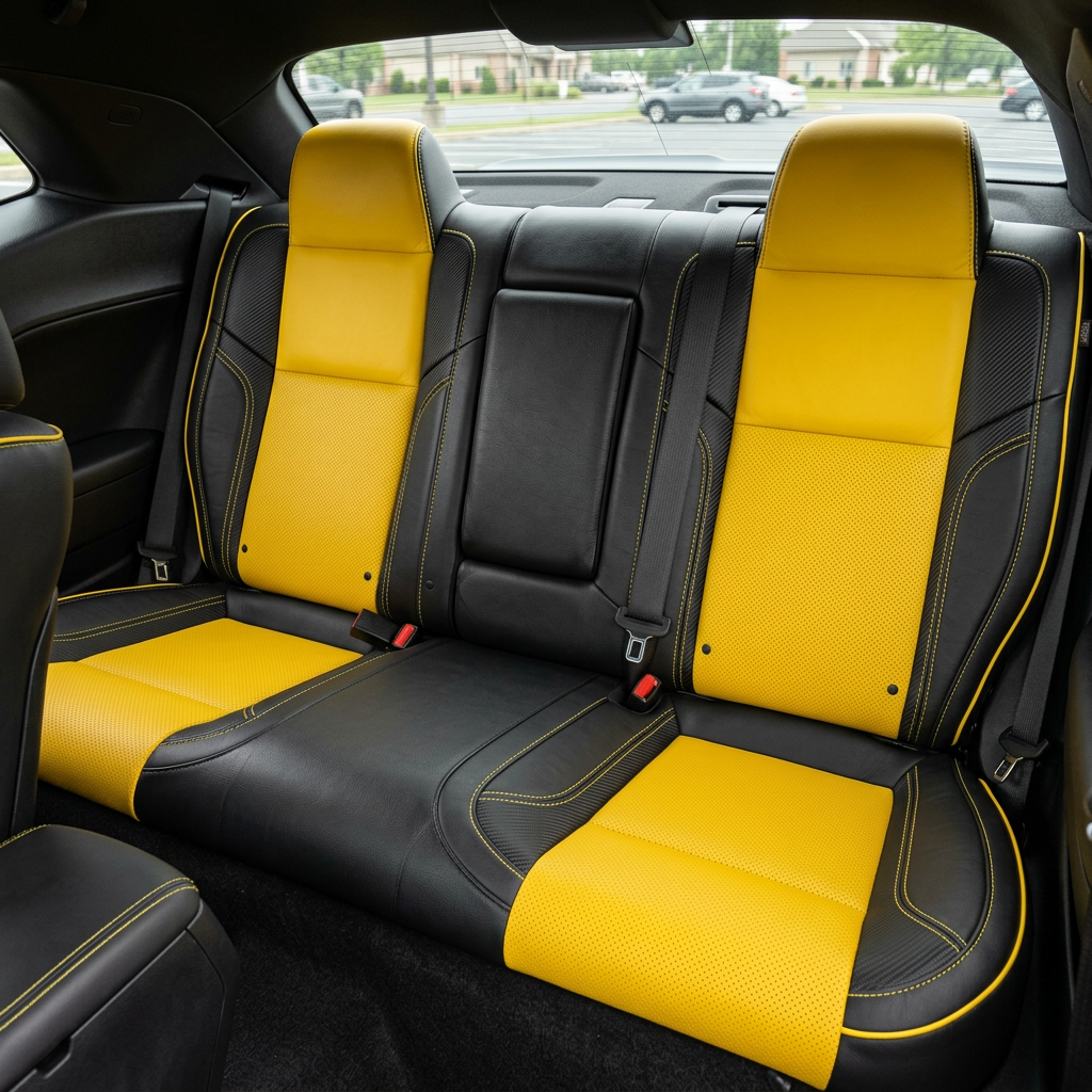 Rear in-cabin view of a 2015–2023 Dodge Challenger (RT/GT/Scat Pack/392/SRT/SXT) showing Leatherteck rear bench seat covers in black with a Hyper Yellow perforated center, Hyper Yellow stitching and piping, and Carbon Shadow accent panels, with the two outboard headrests, center seatback/armrest section, seatbelts and buckles, rear side panels, and rear window visible.