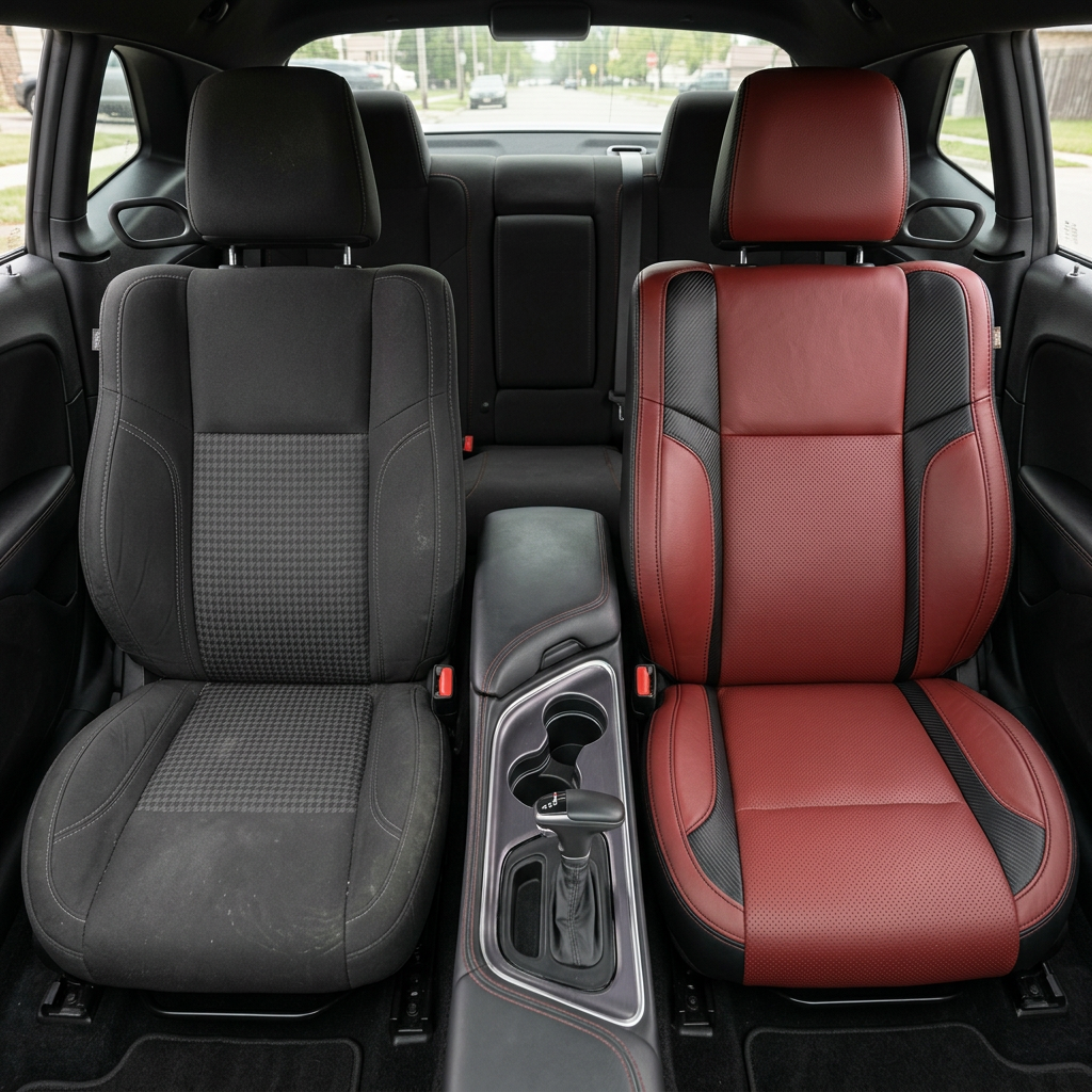 Before-and-after front in-cabin view of a 2015–2023 Dodge Challenger (RT/GT/Scat Pack/392/SRT/SXT) split down the middle: left shows the factory black cloth front seat, while right shows the upgraded Leatherteck seat cover in black with a Medium Red face, perforated combination center inserts, Carbon Shadow accent panels, and black stitching, with the center console/cupholders and shifter between the seats and the rear seat visible behind.