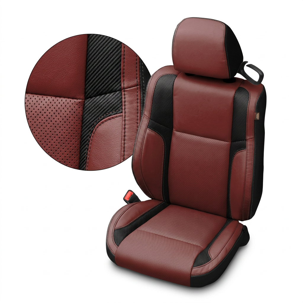 Close-up product image of a 2015–2023 Dodge Challenger (RT/GT/Scat Pack/392/SRT/SXT) Leatherteck seat cover on a white background, featuring black outer bolsters with a Medium Red face, perforated combination center inserts, Carbon Shadow textured accent panels, and black stitching; a circular zoom inset highlights the perforation pattern, carbon-texture grain, and stitched seam detail.